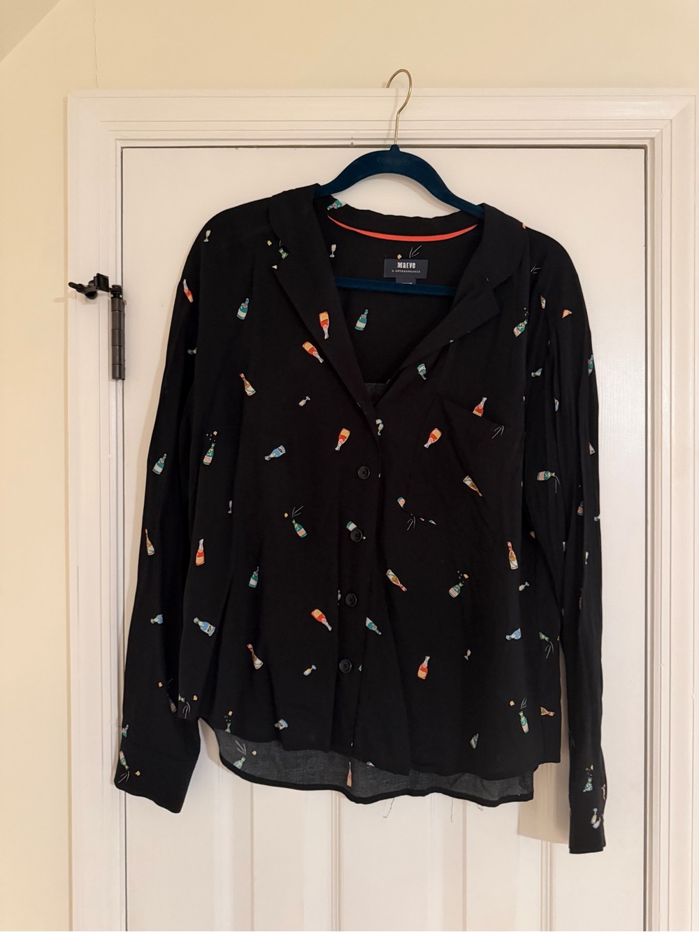 Maeve (Anthropologie) Black Button-Up Shirt with Colorful Drink Print